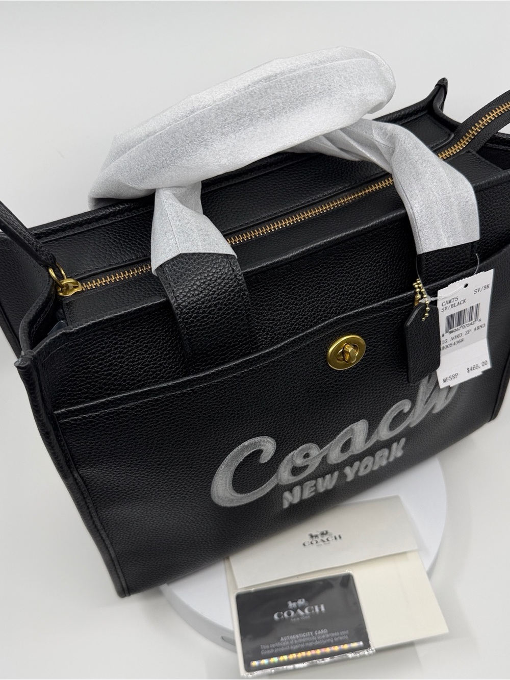 Coach Black Leather Cargo Tote with Silver Embroidered Logo and Gold Turn-Lock